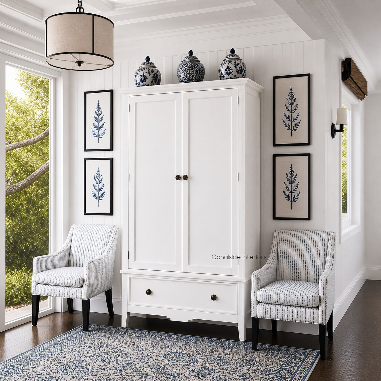 Angled perspective of the Peninsula Wardrobe in white in situ in a modern hamptons home, showcasing its classic elegance and suitability for Hamptons-style interiors.