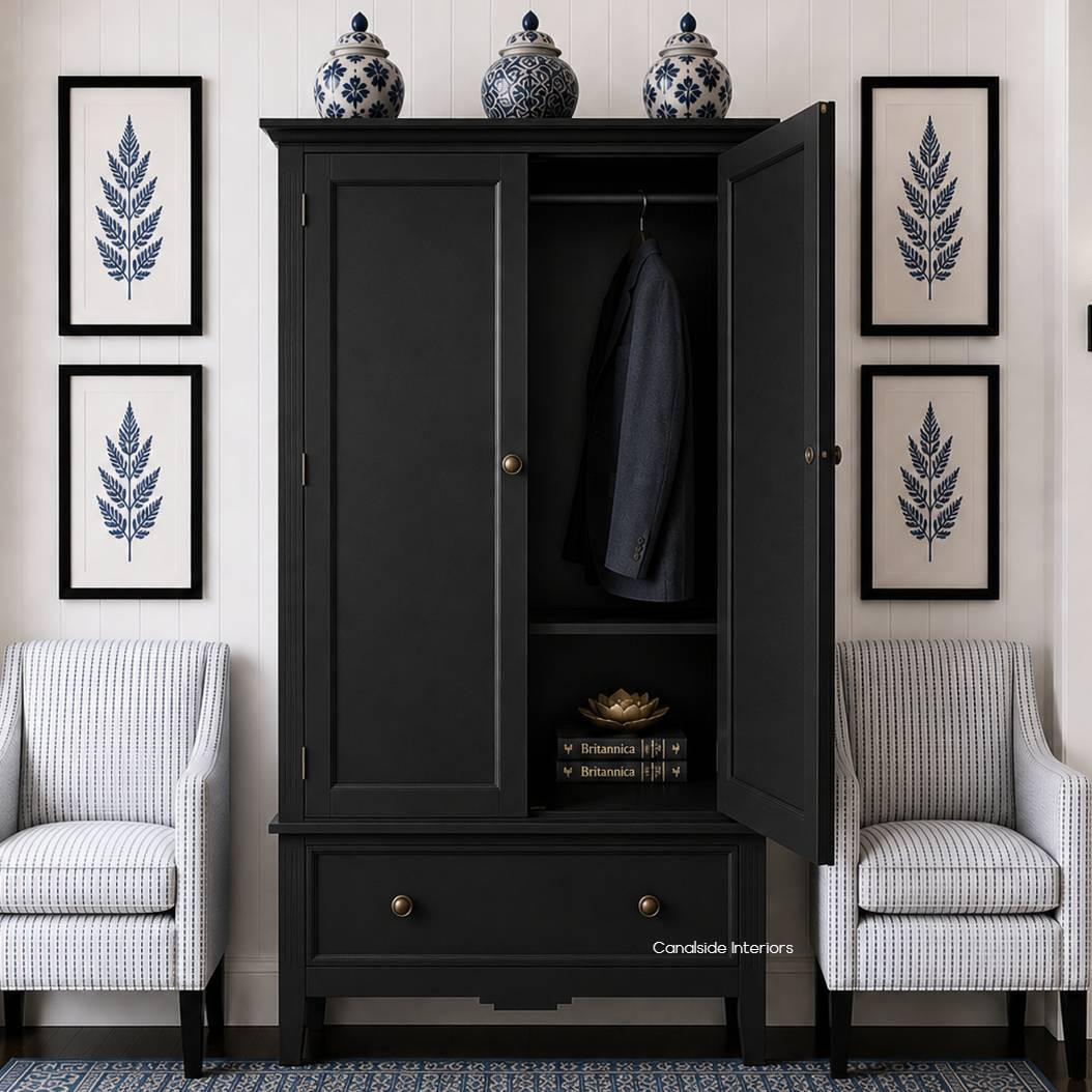 Front view of the Peninsula Wardrobe in black in situ in a hamptons home, showcasing its classic elegance and suitability for Hamptons-style interiors.