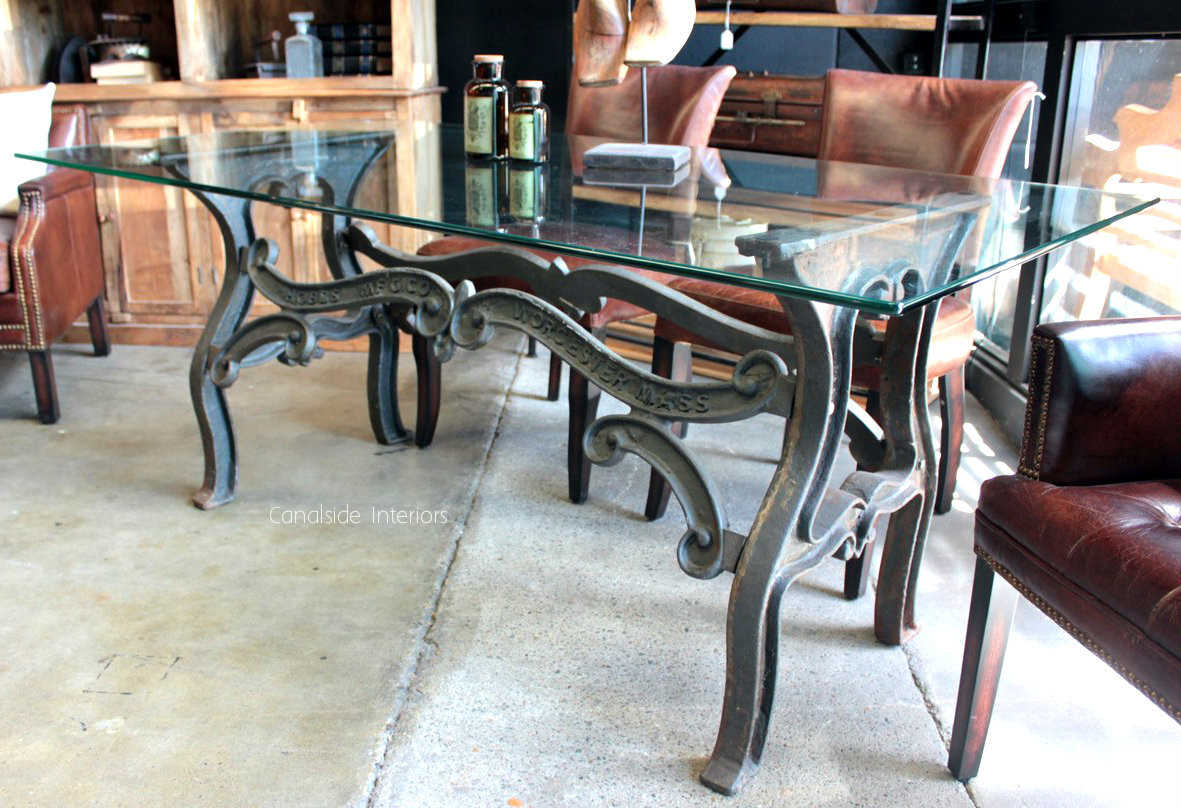 Hobbs Industrial Dining Table with Glass Top  INDUSTRIAL RUSTIC Style, CAFE FURNITURE, TABLES, TABLES Dining Tables, STORAGE Consoles & Desks, CAFE FURNITURE Table Tops & Tables