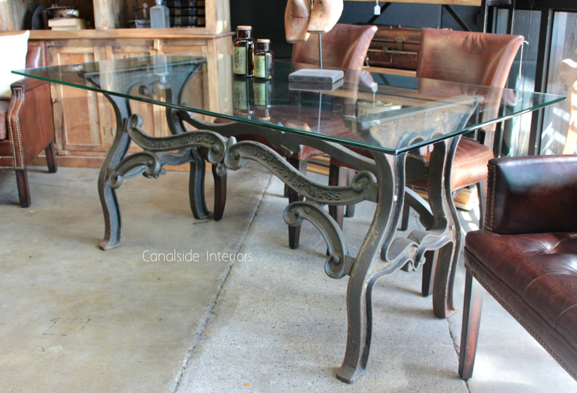 Hobbs Industrial Dining Table with Glass Top  INDUSTRIAL RUSTIC Style, CAFE FURNITURE, TABLES, TABLES Dining Tables, STORAGE Consoles & Desks, CAFE FURNITURE Table Tops & Tables