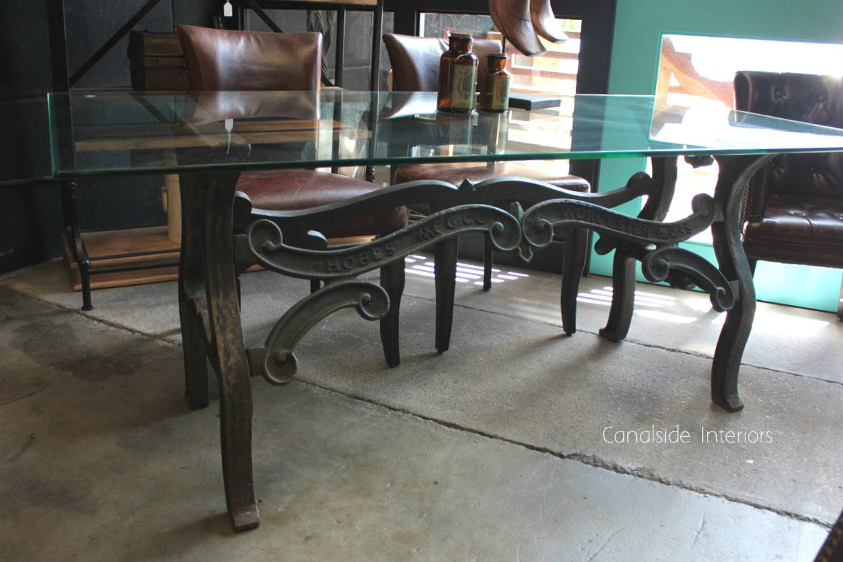 Hobbs Industrial Dining Table with Glass Top  INDUSTRIAL RUSTIC Style, CAFE FURNITURE, TABLES, TABLES Dining Tables, STORAGE Consoles & Desks, CAFE FURNITURE Table Tops & Tables