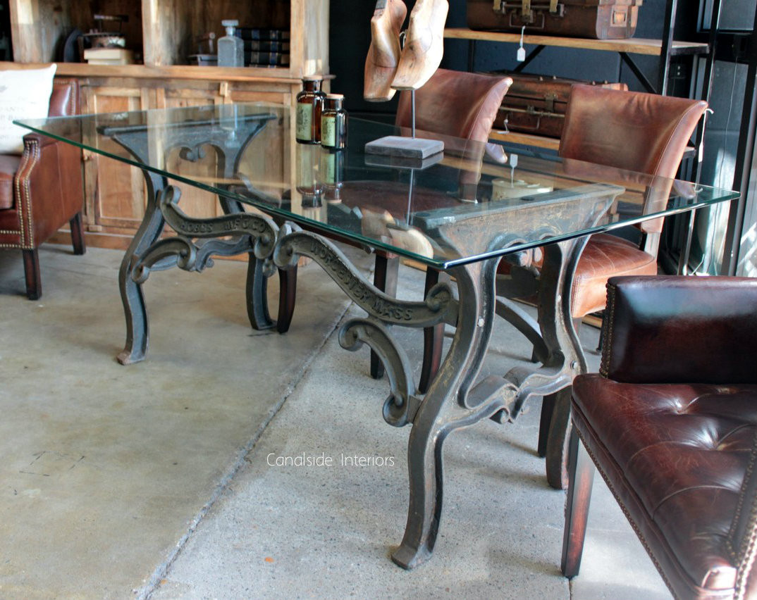 Hobbs Industrial Dining Table with Glass Top  INDUSTRIAL RUSTIC Style, CAFE FURNITURE, TABLES, TABLES Dining Tables, STORAGE Consoles & Desks, CAFE FURNITURE Table Tops & Tables