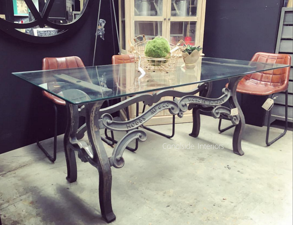Hobbs Industrial Dining Table with Glass Top  INDUSTRIAL RUSTIC Style, CAFE FURNITURE, TABLES, TABLES Dining Tables, STORAGE Consoles & Desks, CAFE FURNITURE Table Tops & Tables