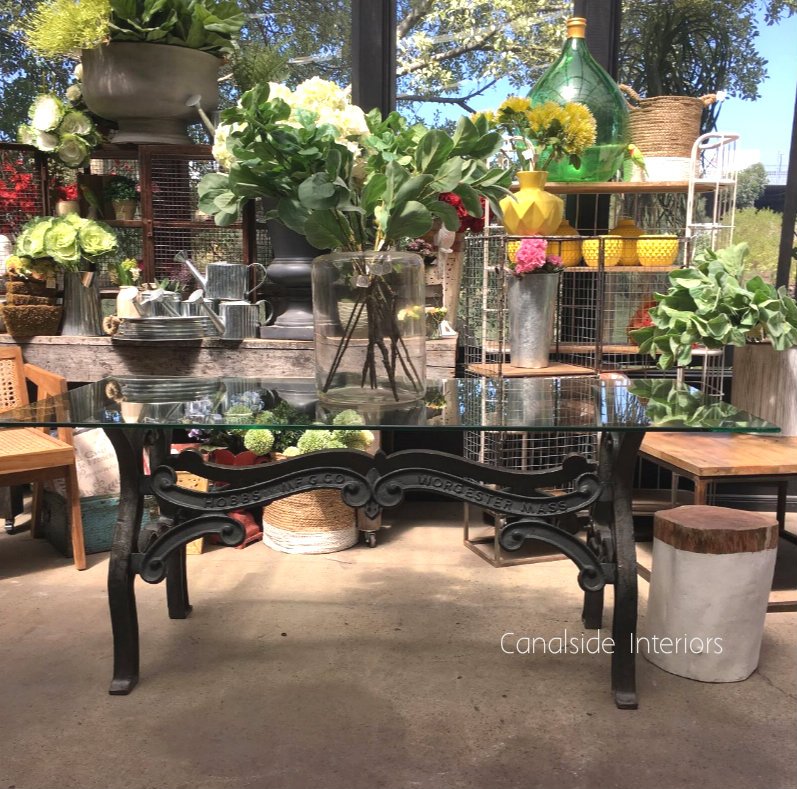 Hobbs Industrial Dining Table with Glass Top  INDUSTRIAL RUSTIC Style, CAFE FURNITURE, TABLES, TABLES Dining Tables, STORAGE Consoles & Desks, CAFE FURNITURE Table Tops & Tables
