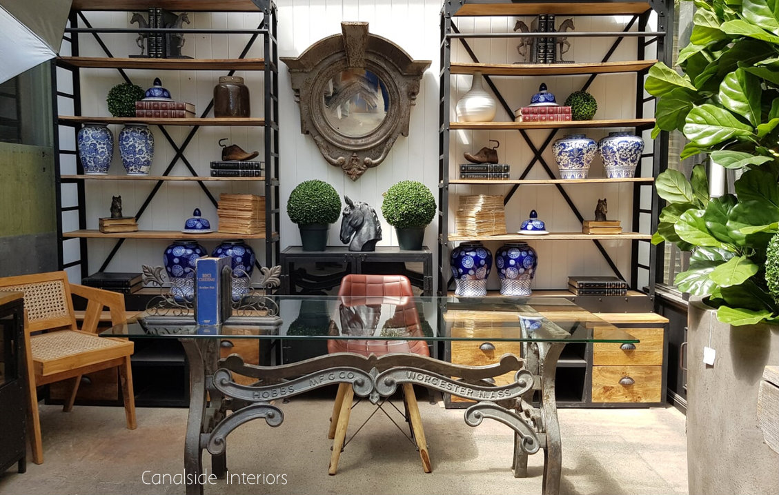 Hobbs Industrial Dining Table with Glass Top  INDUSTRIAL RUSTIC Style, CAFE FURNITURE, TABLES, TABLES Dining Tables, STORAGE Consoles & Desks, CAFE FURNITURE Table Tops & Tables