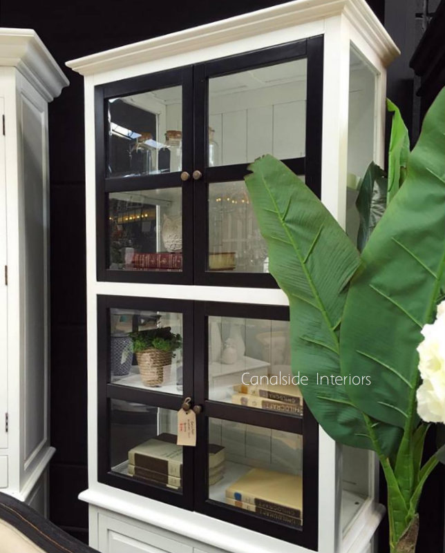 Bellport Display Cupboard Distressed White with Black Doors