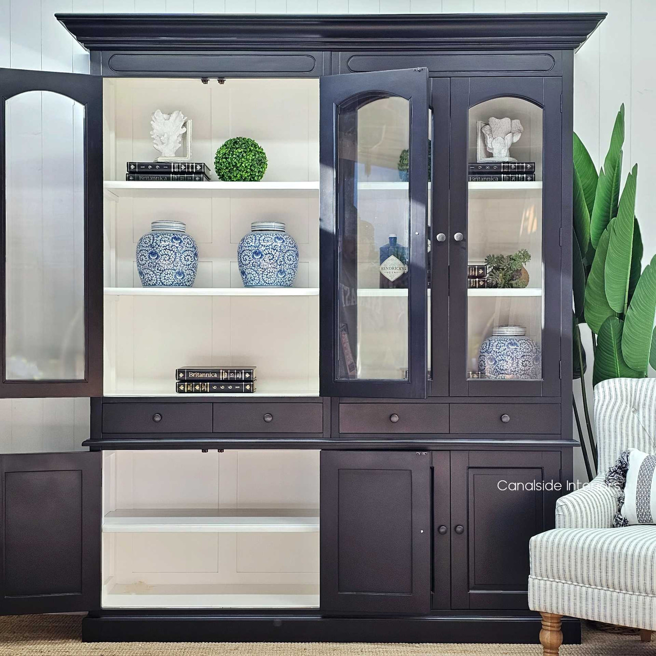 Interior view of the upper hutch, displaying the ample storage space and clean lines of the Key Largo 4 Door Display Unit.