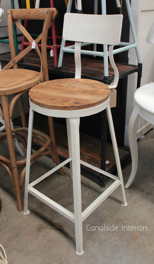 Watt Industrial Bar Stool Distressed White with Wooden Seat