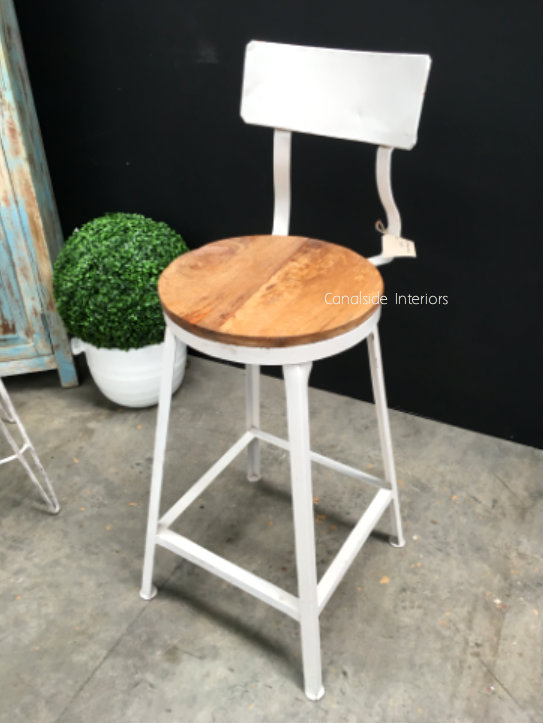 Watt Industrial Bar Stool Distressed White with Wooden Seat