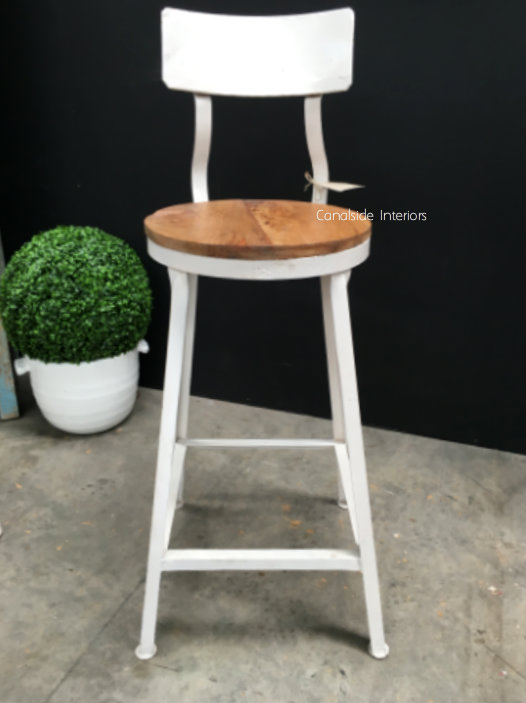 Watt Industrial Bar Stool Distressed White with Wooden Seat