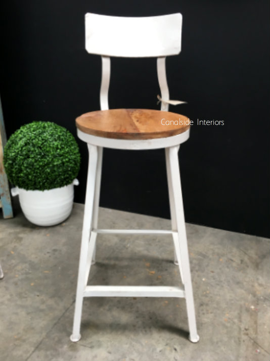 Watt Industrial Bar Stool Distressed White with Wooden Seat