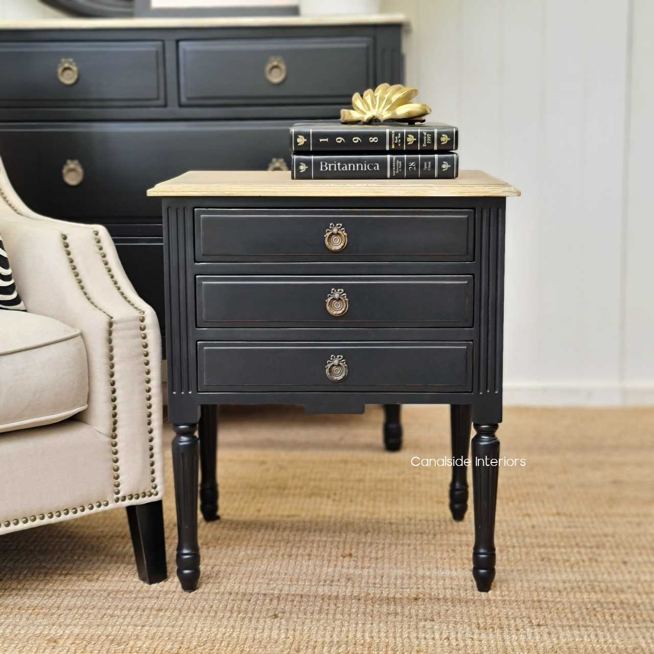 Elissa Bedside Distr. Black Limewash Top  FRENCH  FURNITURE, BEDROOM, TABLES, HAMPTONS Style, PLANTATION Style, TABLES Side Tables, LIVING Room, LIVING Coffee & Side Tables, BEDROOM Bedsides