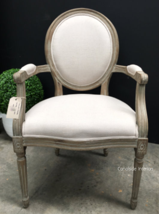 Sansa Carver Chair Weathered Oak with cream upholstery  FRENCH  FURNITURE, CHAIRS, HAMPTONS Style, PLANTATION Style, CHAIRS Dining, CHAIRS Lounge, LIVING Room, LIVING Chairs