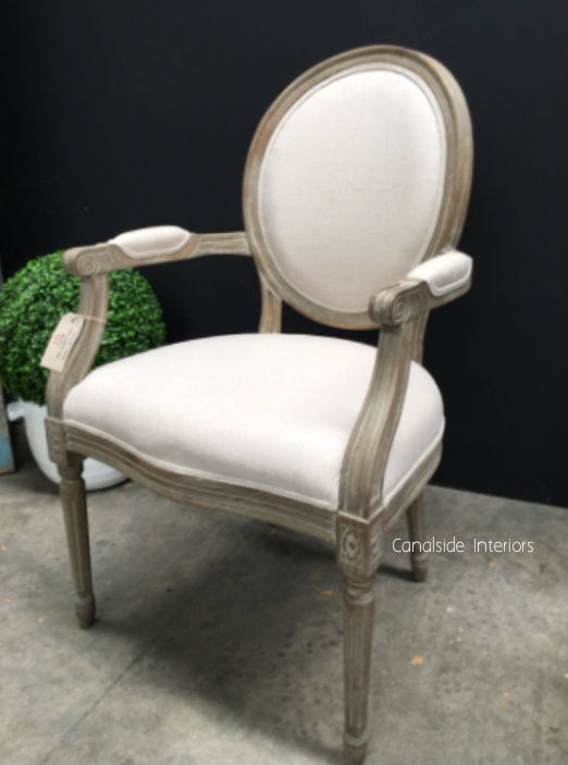 Sansa Carver Chair Weathered Oak with cream upholstery  FRENCH  FURNITURE, CHAIRS, HAMPTONS Style, PLANTATION Style, CHAIRS Dining, CHAIRS Lounge, LIVING Room, LIVING Chairs