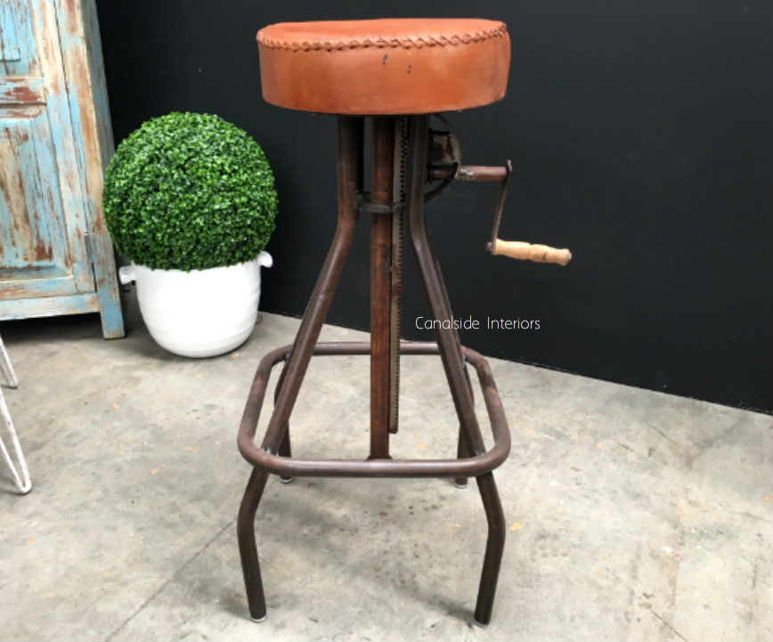 Cruz Adjustable Industrial Stool with Leather Seat  INDUSTRIAL RUSTIC Style, CHAIRS, CAFE FURNITURE, CHAIRS Stools, CAFE FURNITURE Stools & Chairs