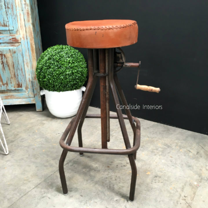 Cruz Adjustable Industrial Stool with Leather Seat  INDUSTRIAL RUSTIC Style, CHAIRS, CAFE FURNITURE, CHAIRS Stools, CAFE FURNITURE Stools & Chairs