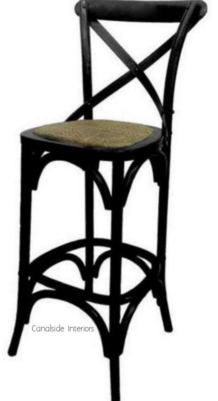Canalside Interiors' Cross Back Bar Stool, in a timeless black finish, provides a high-quality seating solution for your kitchen, exuding Hamptons and French Provincial charm