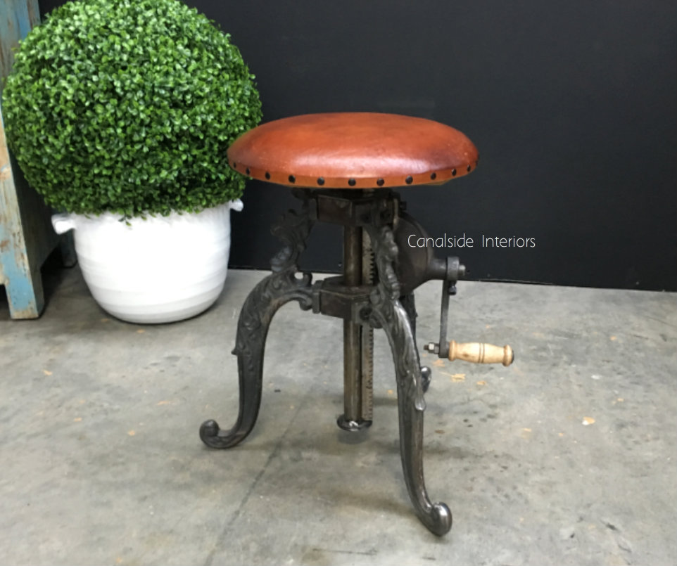 Valor Adjustable Industrial Stool with Crank Leather Seat  INDUSTRIAL RUSTIC Style, CHAIRS, CAFE FURNITURE, CHAIRS Stools, CAFE FURNITURE Stools & Chairs