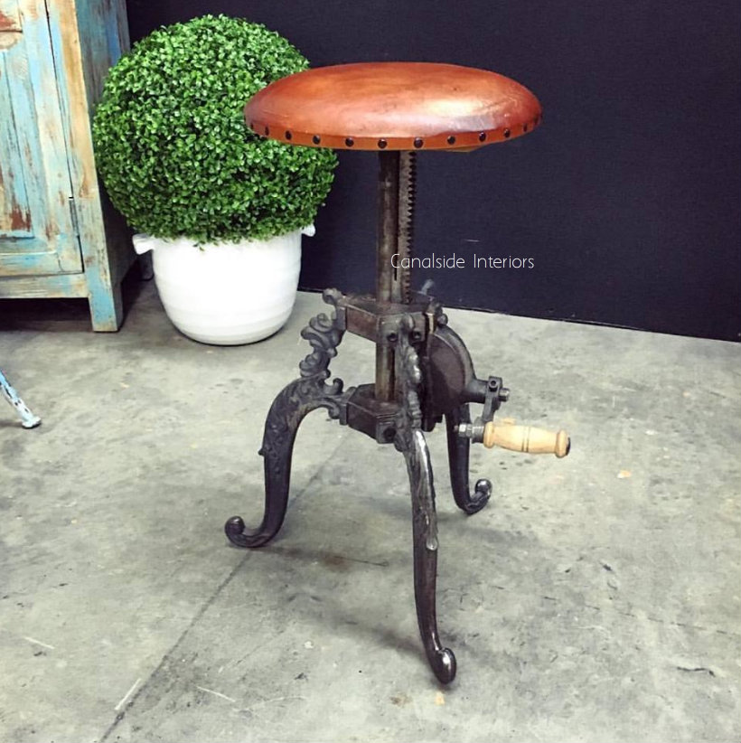 Valor Adjustable Industrial Stool with Crank Leather Seat  INDUSTRIAL RUSTIC Style, CHAIRS, CAFE FURNITURE, CHAIRS Stools, CAFE FURNITURE Stools & Chairs