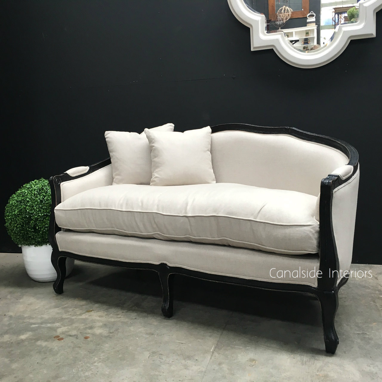 Arya 2.5 Seater Canape Sofa Distressed Black with cream upholstery  FRENCH  FURNITURE, CHAIRS, HAMPTONS Style, PLANTATION Style, CHAIRS Lounge, LIVING Room, LIVING Chairs