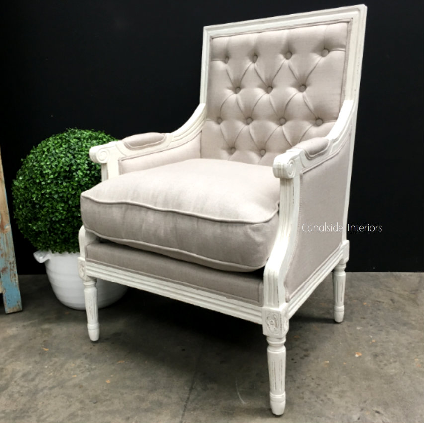 Pearson Armchair Distressed White with Cream Upholstery  FRENCH  FURNITURE, CHAIRS, HAMPTONS Style, PLANTATION Style, CHAIRS Lounge, LIVING Room, LIVING Chairs
