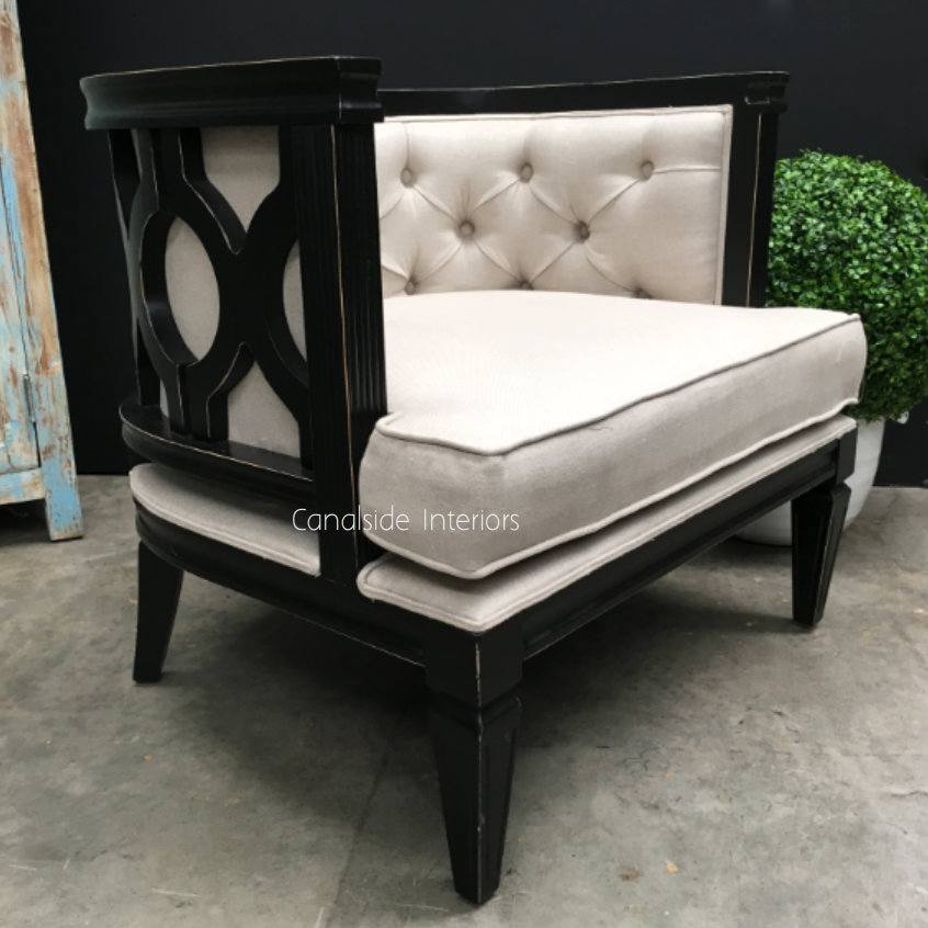 Rafferty Occasional Armchair Distressed Black with Cream Upholstery  FRENCH  FURNITURE, CHAIRS, HAMPTONS Style, PLANTATION Style, CHAIRS Lounge, LIVING Room, LIVING Chairs, PLANTATION STYLE