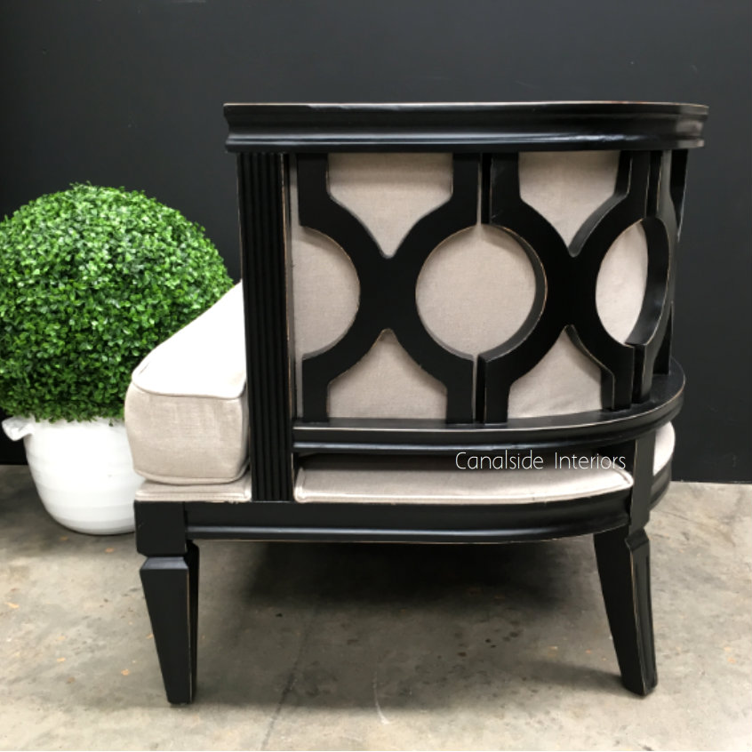 Rafferty Occasional Armchair Distressed Black with Cream Upholstery  FRENCH  FURNITURE, CHAIRS, HAMPTONS Style, PLANTATION Style, CHAIRS Lounge, LIVING Room, LIVING Chairs, PLANTATION STYLE