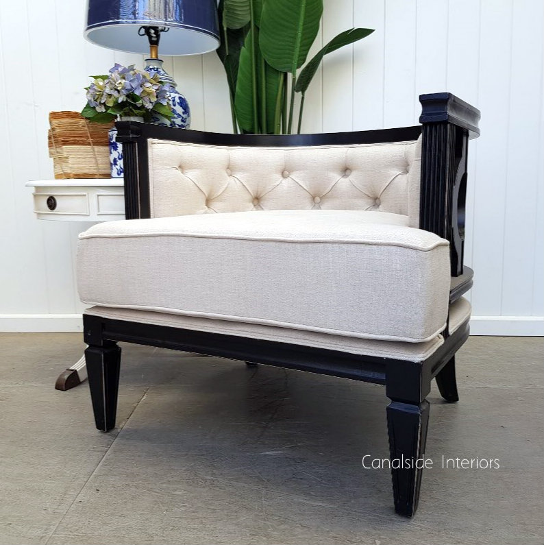 Rafferty Occasional Armchair Distressed Black with Cream Upholstery  FRENCH  FURNITURE, CHAIRS, HAMPTONS Style, PLANTATION Style, CHAIRS Lounge, LIVING Room, LIVING Chairs, PLANTATION STYLE