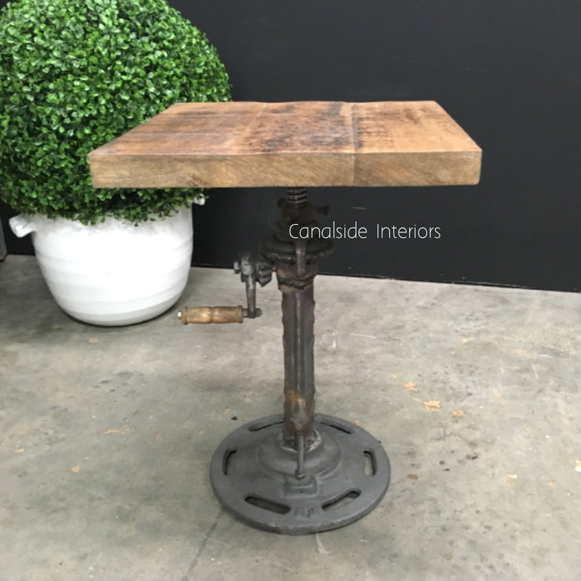 Crank Adjustable Side Table  INDUSTRIAL RUSTIC Style, CAFE FURNITURE, TABLES, TABLES Side Tables, LIVING Room, LIVING Coffee & Side Tables, CAFE FURNITURE Table Tops & Tables