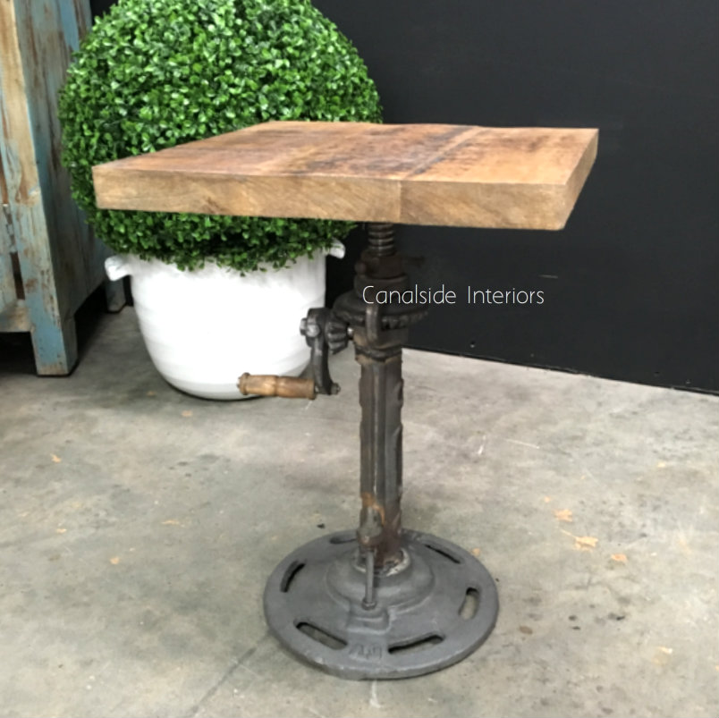 Crank Adjustable Side Table  INDUSTRIAL RUSTIC Style, CAFE FURNITURE, TABLES, TABLES Side Tables, LIVING Room, LIVING Coffee & Side Tables, CAFE FURNITURE Table Tops & Tables