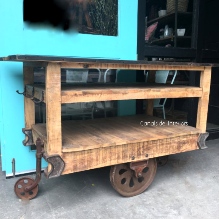 Cartage Industrial Workbench Island Cart on Castors  INDUSTRIAL RUSTIC Style, CAFE FURNITURE, TABLES, STORAGE Consoles & Desks, CAFE FURNITURE Table Tops & Tables, CAFE FURNITURE Storage