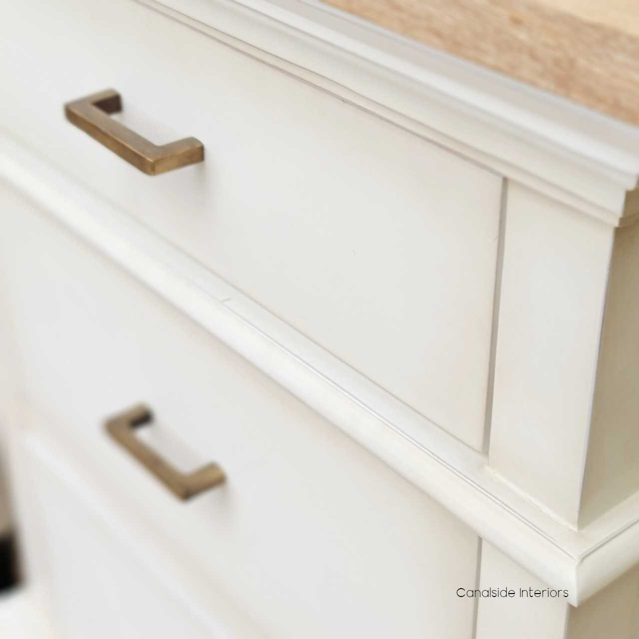 Close-up of the unique paint finish with purposeful color fading, highlighting the bedside's artistic detailing.