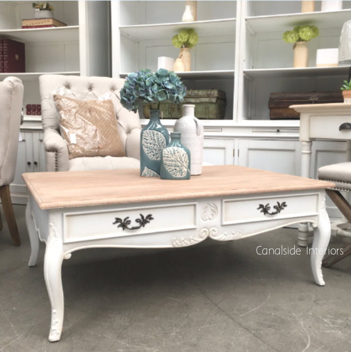 Grayson Coffee Table French Handles Distressed White with Limewash Top