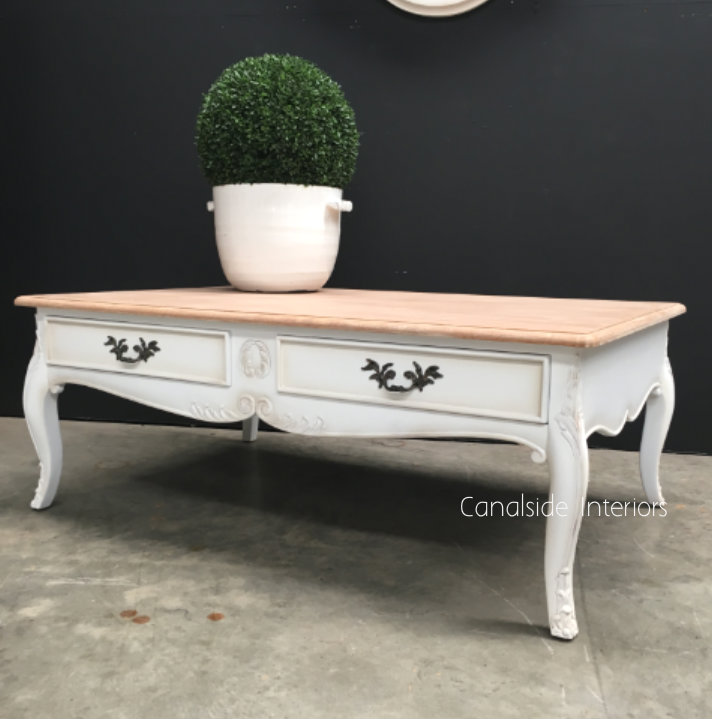 Grayson Coffee Table French Handles Distressed White with Limewash Top