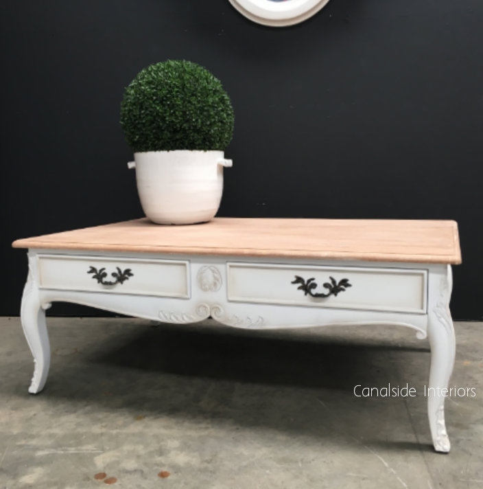 Grayson Coffee Table French Handles Distressed White with Limewash Top