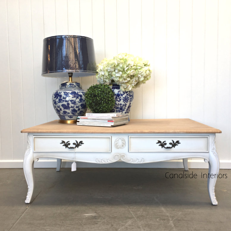 Grayson Coffee Table French Handles Distressed White with Limewash Top