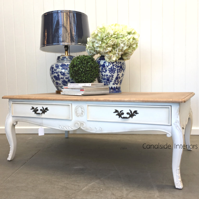 Grayson Coffee Table French Handles Distressed White with Limewash Top