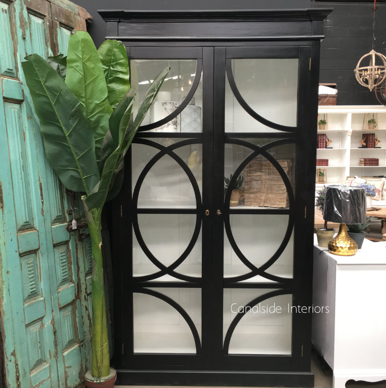 Mercia Glass Display Cabinet Distressed Black with white interior
