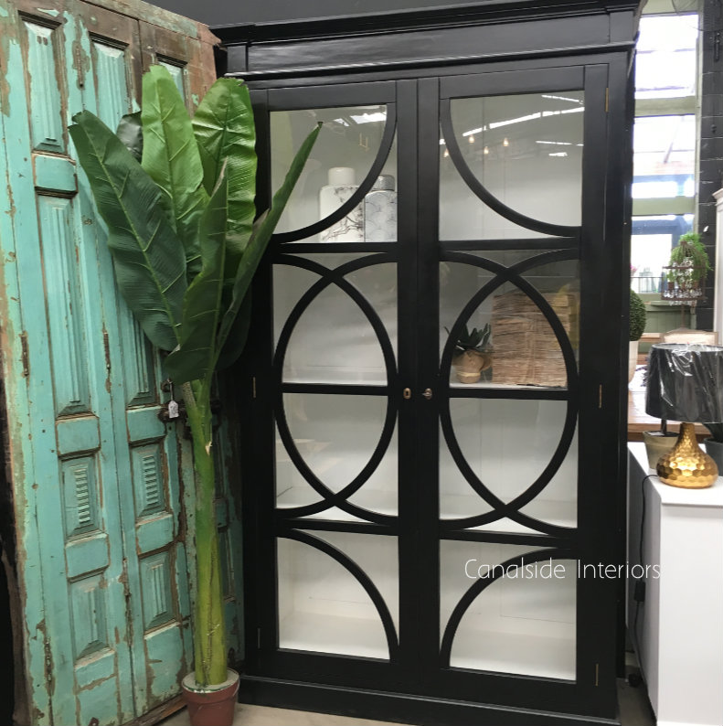 Mercia Glass Display Cabinet Distressed Black with white interior