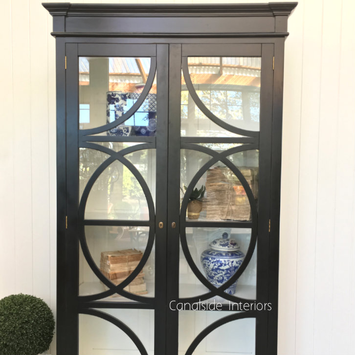 Mercia Glass Display Cabinet Distressed Black with white interior