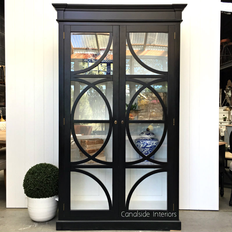 Mercia Glass Display Cabinet Distressed Black with white interior