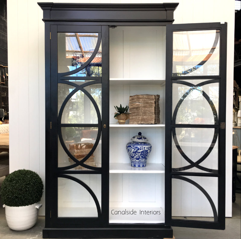 Mercia Glass Display Cabinet Distressed Black with white interior