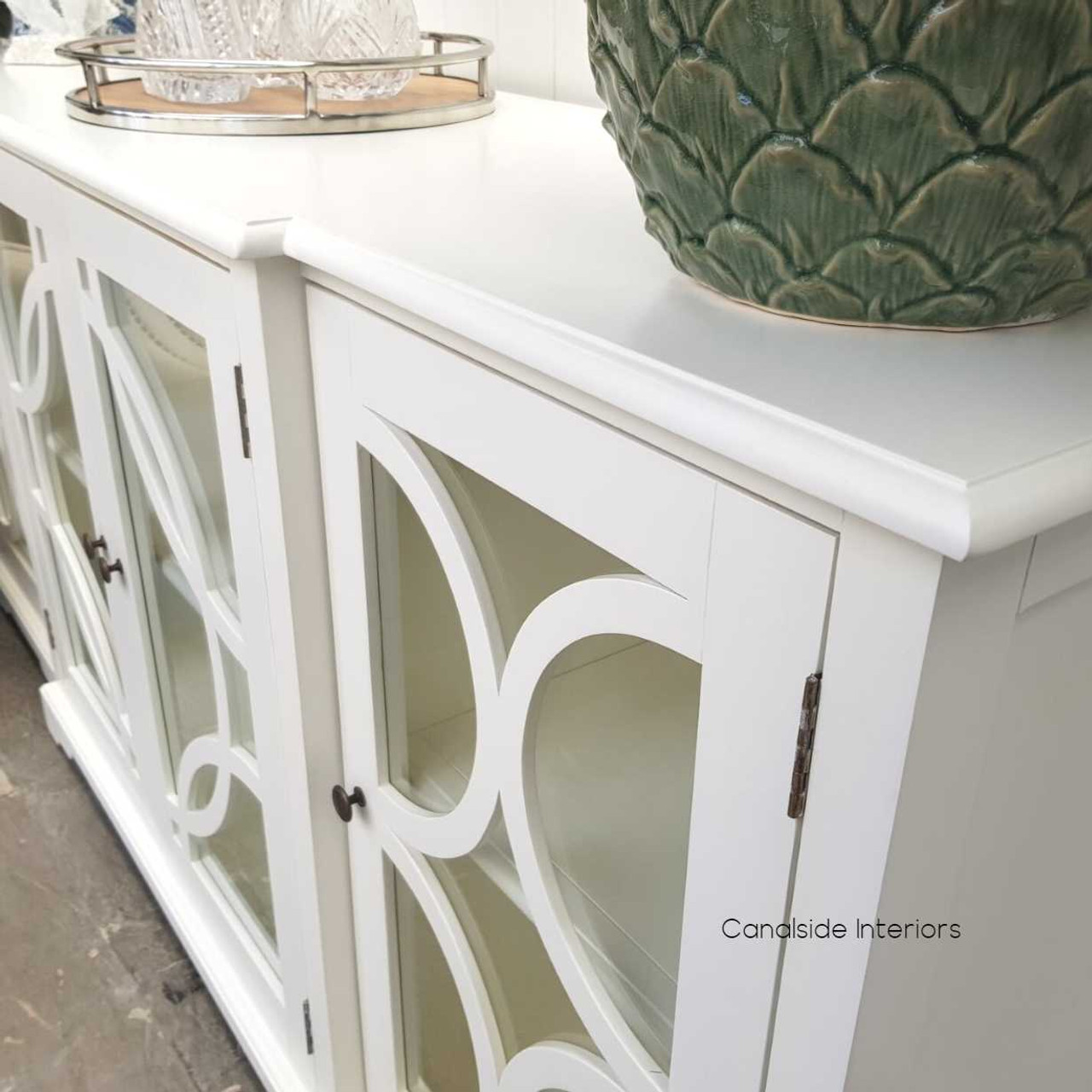 Close-up of the intricate circular overlay on the Mercia Sideboard, highlighting the craftsmanship and attention to detail.