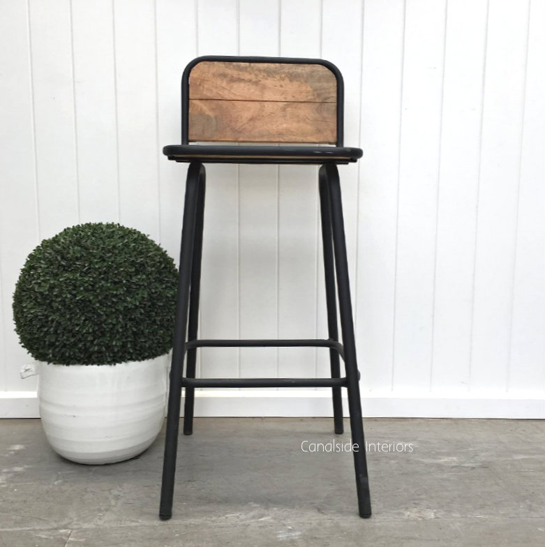 Elementary Bar Stool with Back Distressed Black  INDUSTRIAL RUSTIC Style, CHAIRS, CAFE FURNITURE, CHAIRS Stools, CAFE FURNITURE Stools & Chairs