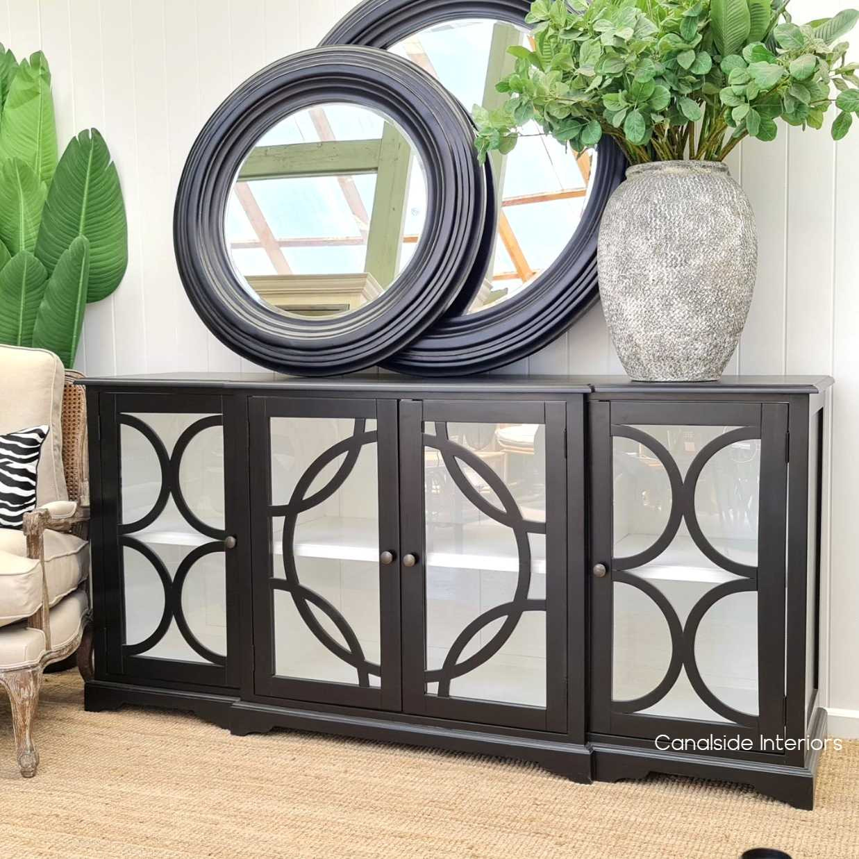 Mercia sideboard displayed in a living room, demonstrating its versatility and how it complements contemporary and classical decors.