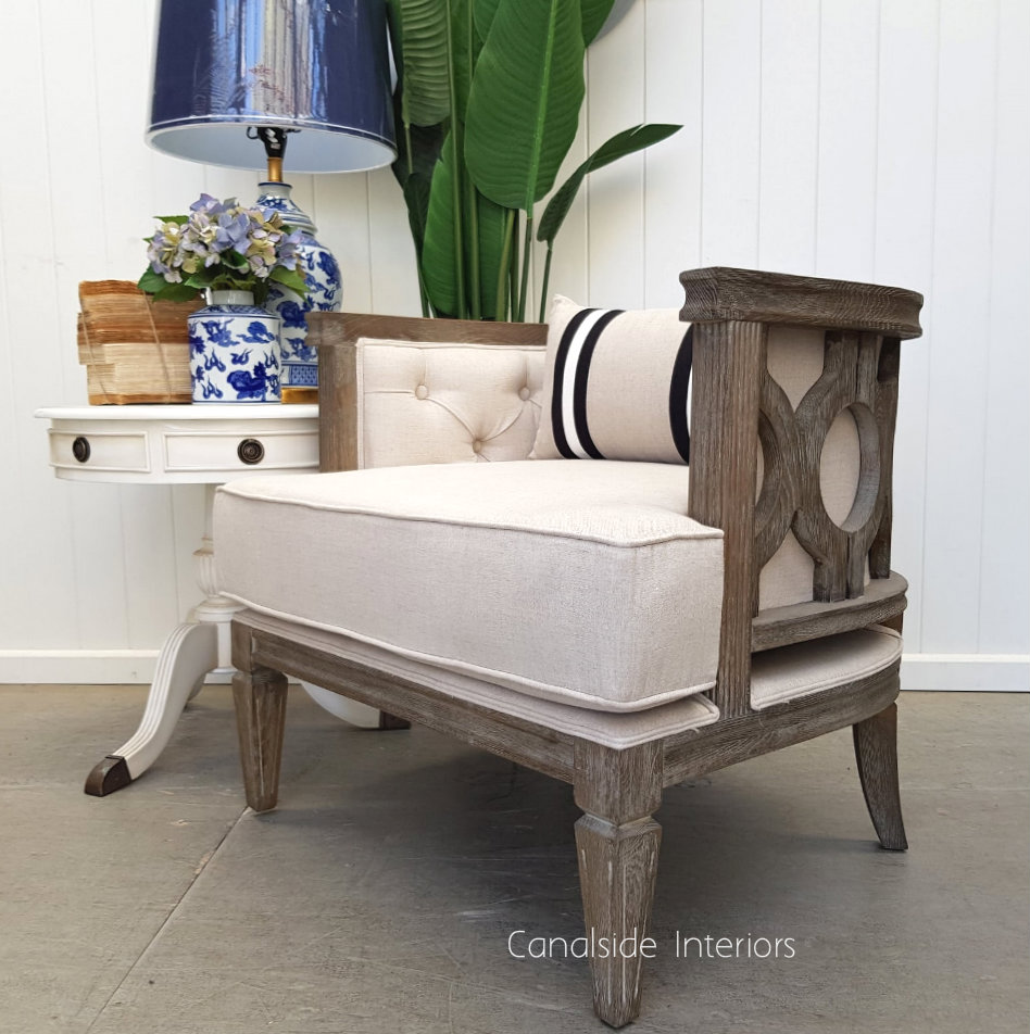 Rafferty Occasional Armchair Weathered Oak with Cream Upholstery  FRENCH  FURNITURE, CHAIRS, HAMPTONS Style, PLANTATION Style, CHAIRS Lounge, LIVING Room, LIVING Chairs, PLANTATION STYLE