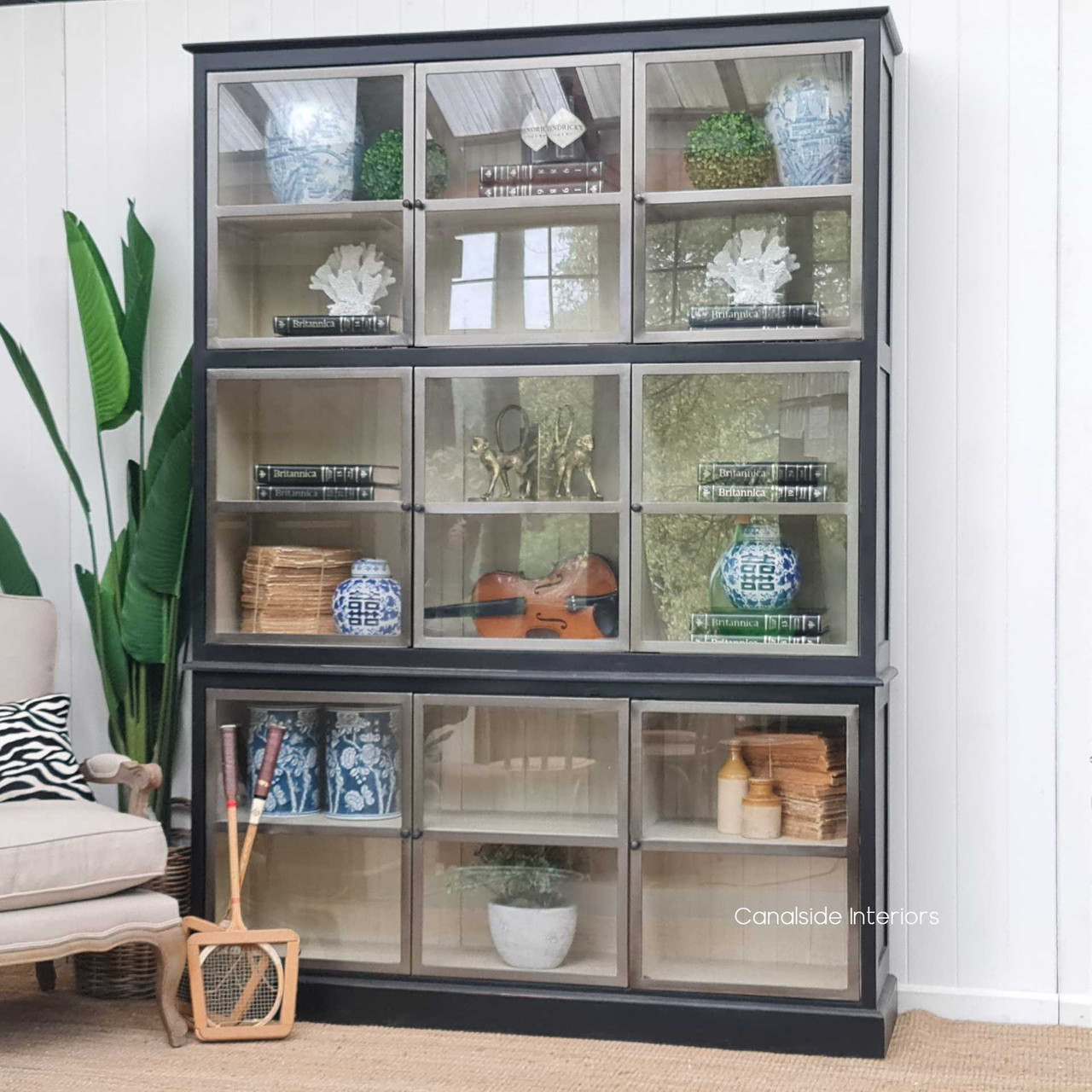 Angled perspective of the display unit, emphasizing the combination of functionality and style, perfect for living or dining rooms.