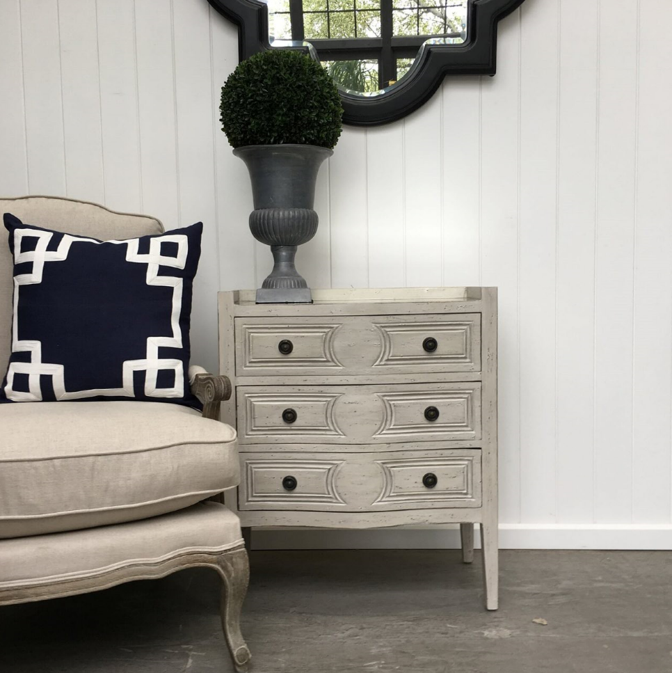 Isobel Bedside Distressed Grey with Antique Mirror Top  FRENCH  FURNITURE, BEDROOM, HAMPTONS Style, PLANTATION Style, TABLES Side Tables, LIVING Coffee & Side Tables, BEDROOM Bedsides