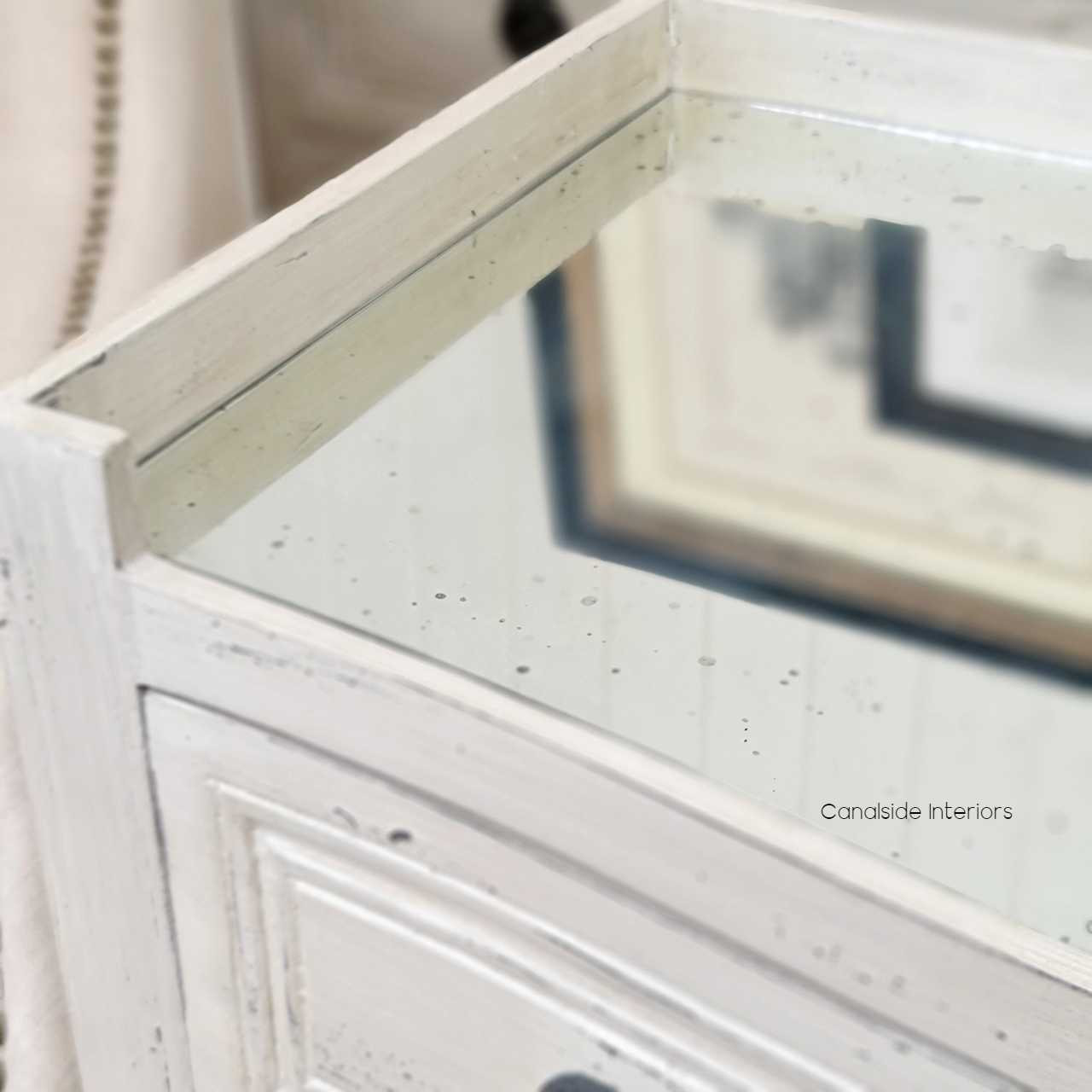 Isobel Bedside Distressed Grey with Antique Mirror Top  FRENCH  FURNITURE, BEDROOM, HAMPTONS Style, PLANTATION Style, TABLES Side Tables, LIVING Coffee & Side Tables, BEDROOM Bedsides