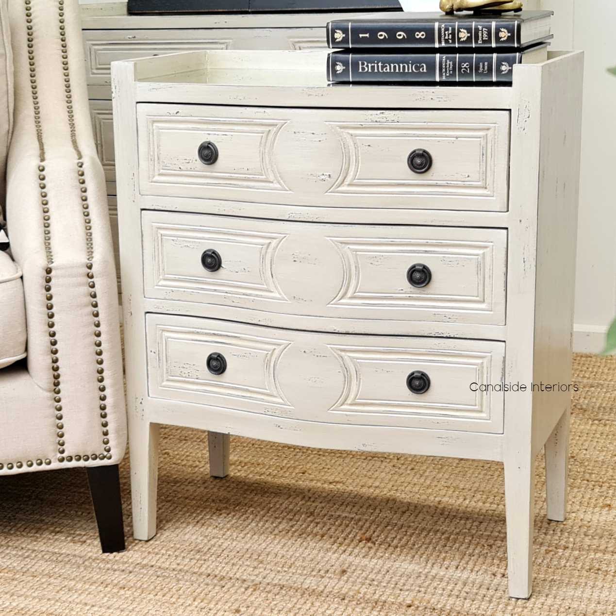 Isobel Bedside Distressed Grey with Antique Mirror Top  FRENCH  FURNITURE, BEDROOM, HAMPTONS Style, PLANTATION Style, TABLES Side Tables, LIVING Coffee & Side Tables, BEDROOM Bedsides